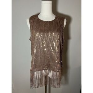 Women's Grace Karin Vintage Inspired Gold/Brown Sequin Fringe Blouse Large 1920s